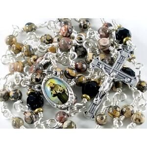 St. Francis of Assisi 5 Decade Rosary, Gemstone & Crystal Beads, Silver Plated